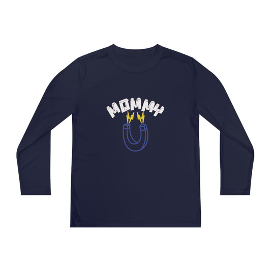 White Mommy Blue Magnet Youth Long Sleeve Competitor Tee