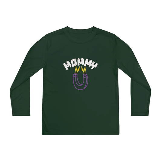 White Mommy Purple Magnet Youth Long Sleeve Competitor Tee